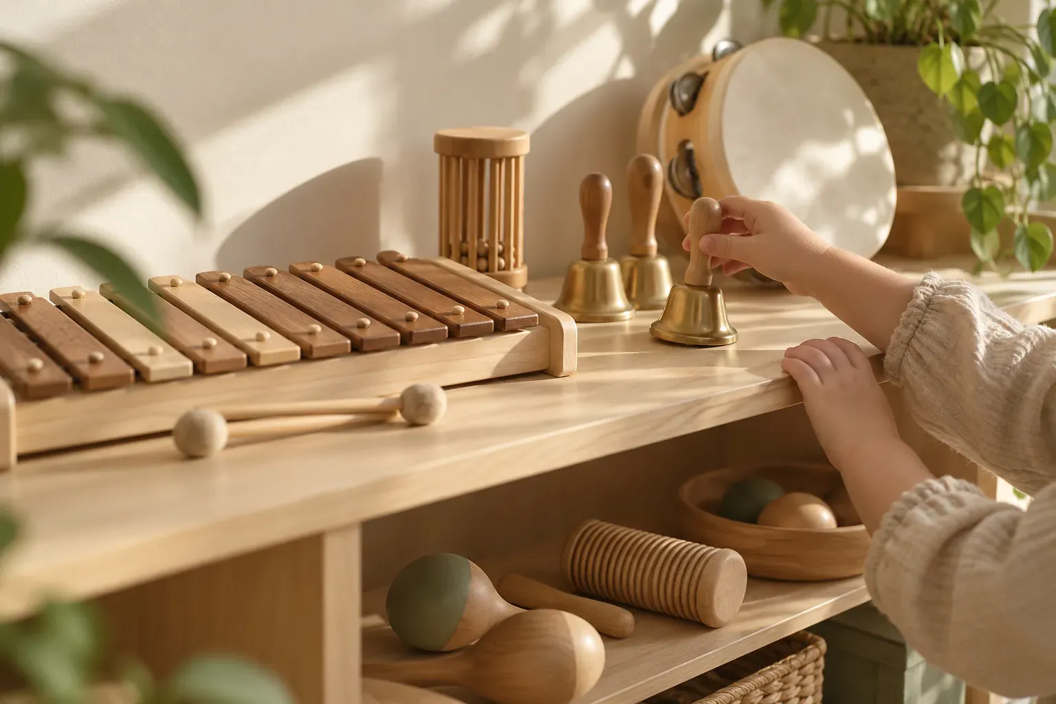 Petits instruments de musique en bois rangés sur une étagère Montessori, la main d'un enfant tendue vers une cloche