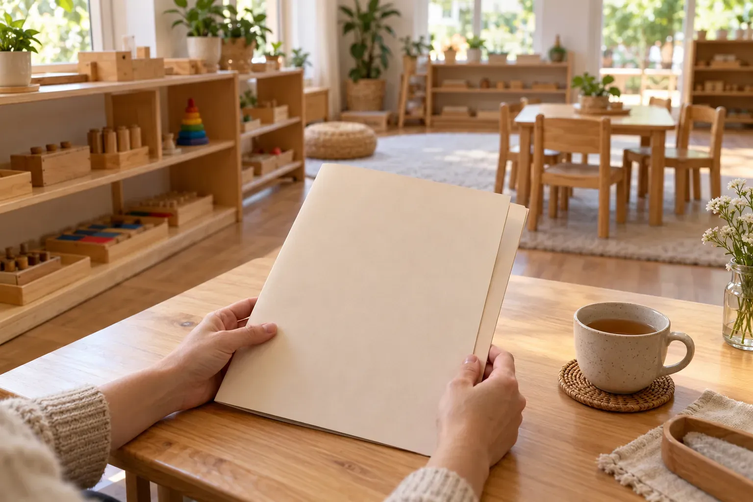 Parent feuilletant un dossier d'inscription dans une classe Montessori lumineuse aux étagères en bois